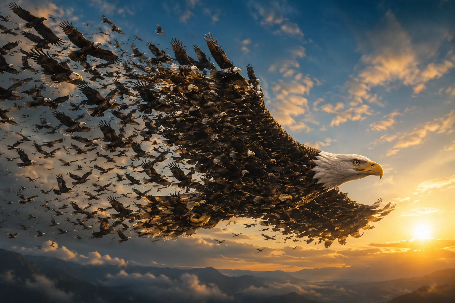 A bald eagle formed by a flock of eagles flying at sunrise